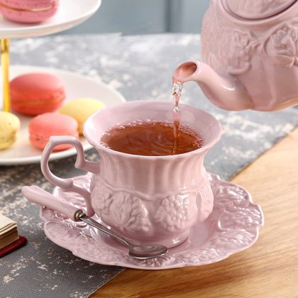 Elegant Pink European Princess Ceramic Tea Cup Saucer Spoon Set