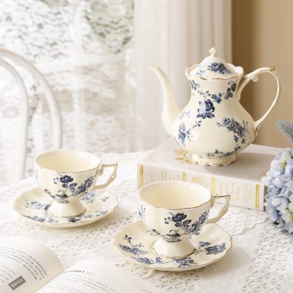 Retro French Blue Orchid Ceramic Tea Pot, Cup And Saucer Set